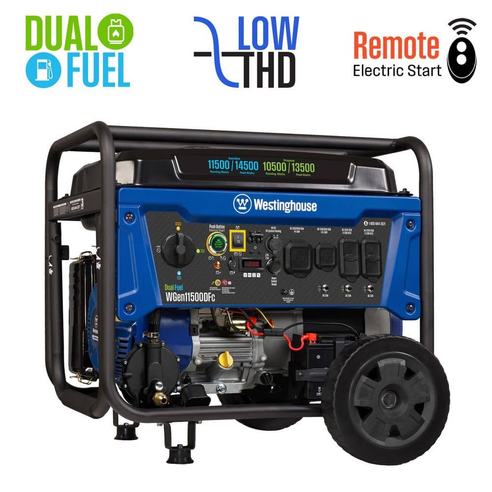 Westinghouse 14,500/11,500-Watt Remote Electric Start Dual Fuel Gas and Propane Portable Generator w/ Low THD, 50A Outlet, CO Sensor WGen11500DFc