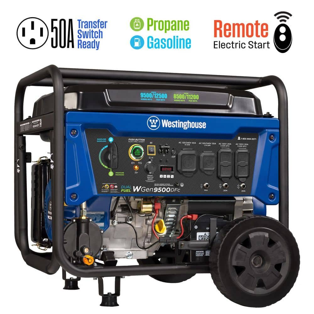 Westinghouse 12,500/9,500-Watt Remote Electric Start Dual Fuel Gas and Propane Powered Portable Generator w/ 50 Amp Outlet, CO Sensor WGen9500DFc